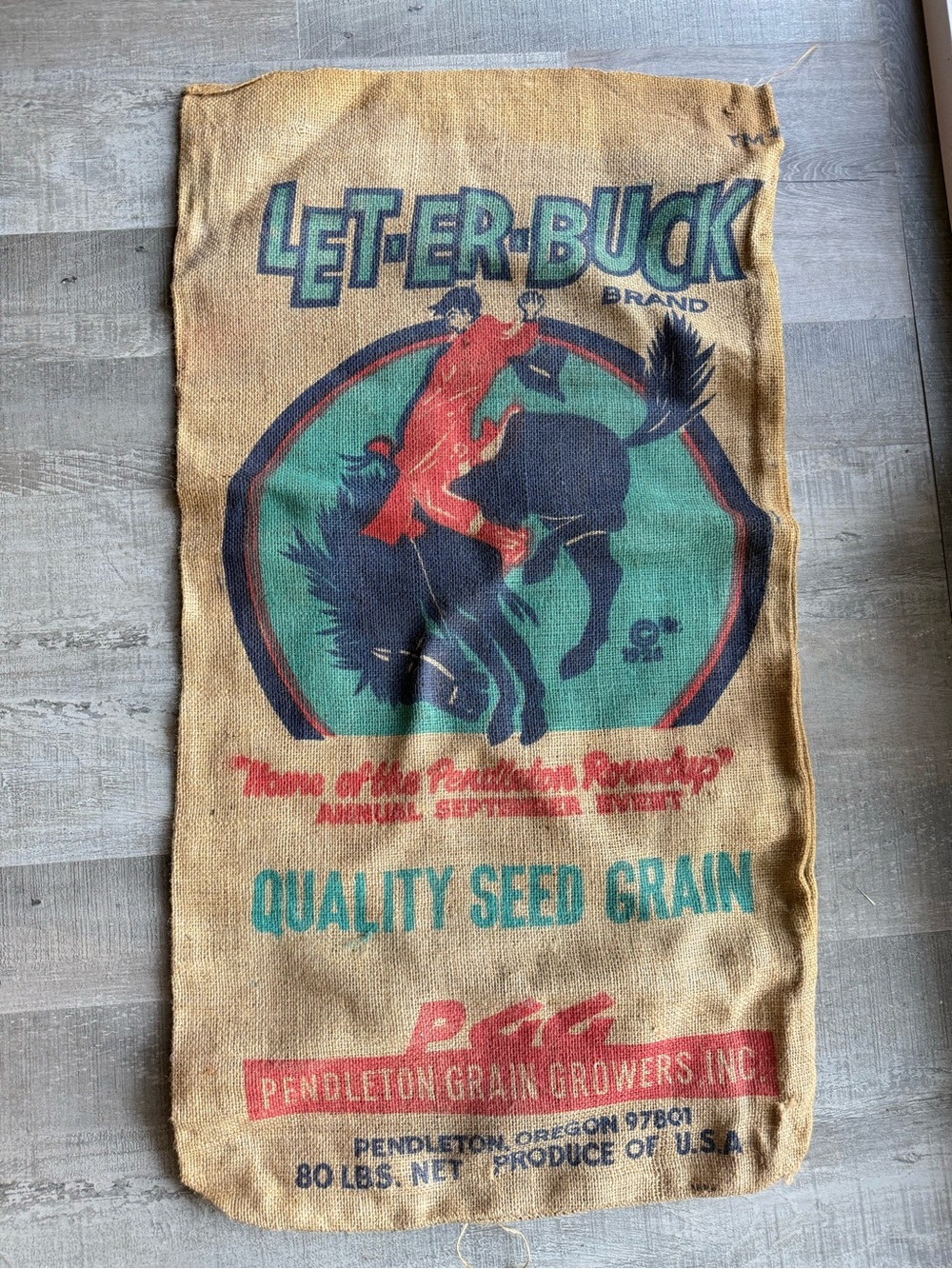 Vintage Burlap Seed Feed Bag Pendleton Round-Up PGG "Let-Er-Buck" Brand